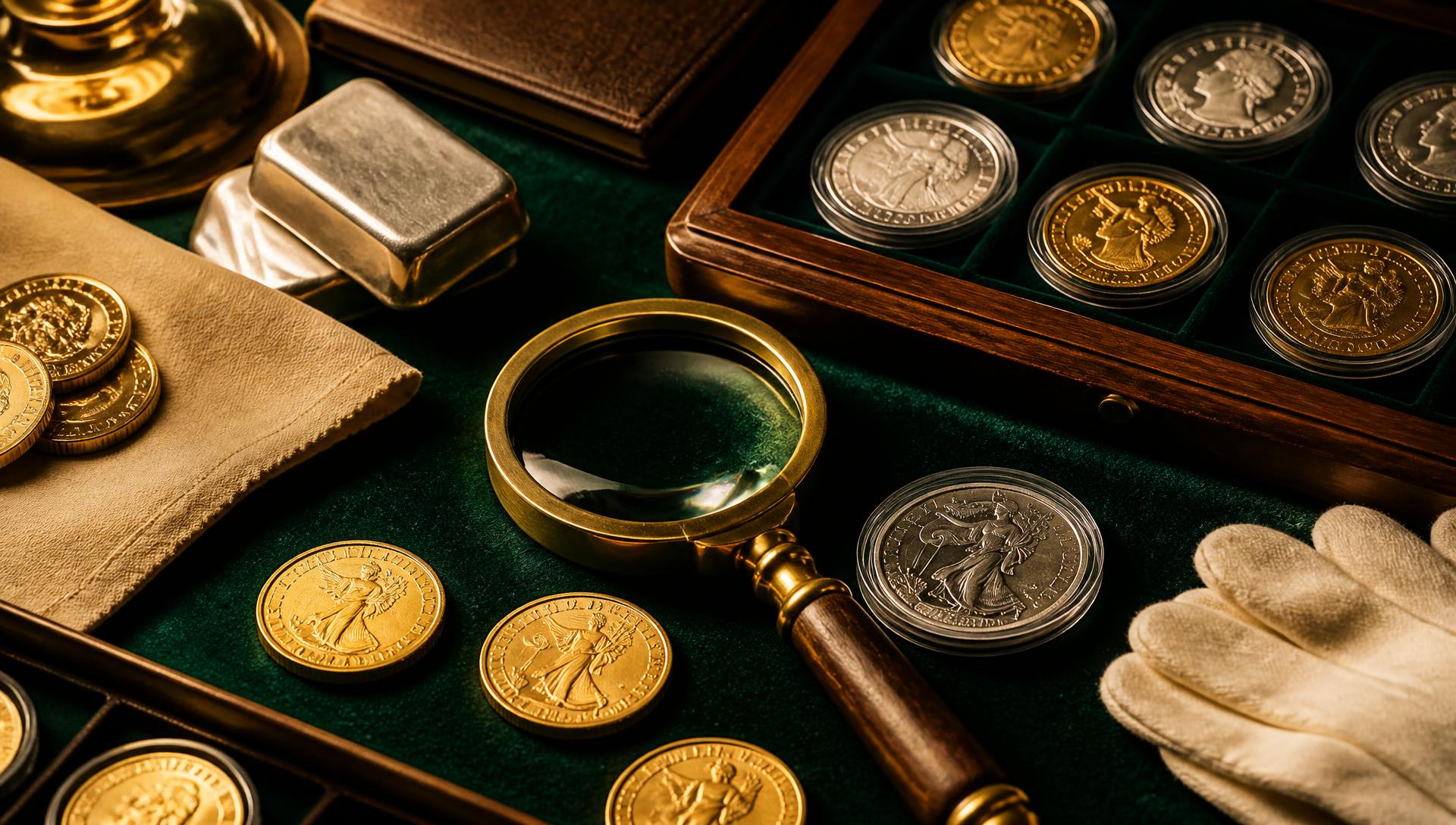 Gold coins, silver bullion, and collecting supplies arranged on a green velvet surface